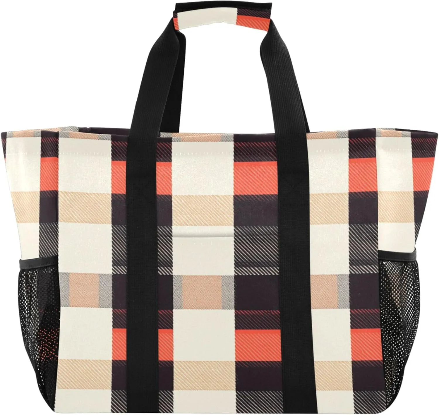 Utility Bag For Trunk Foldable Beach Bag Water Resistant Canvas Cars Tote Bag Buffalo Plaid Check Red Orange Succulent