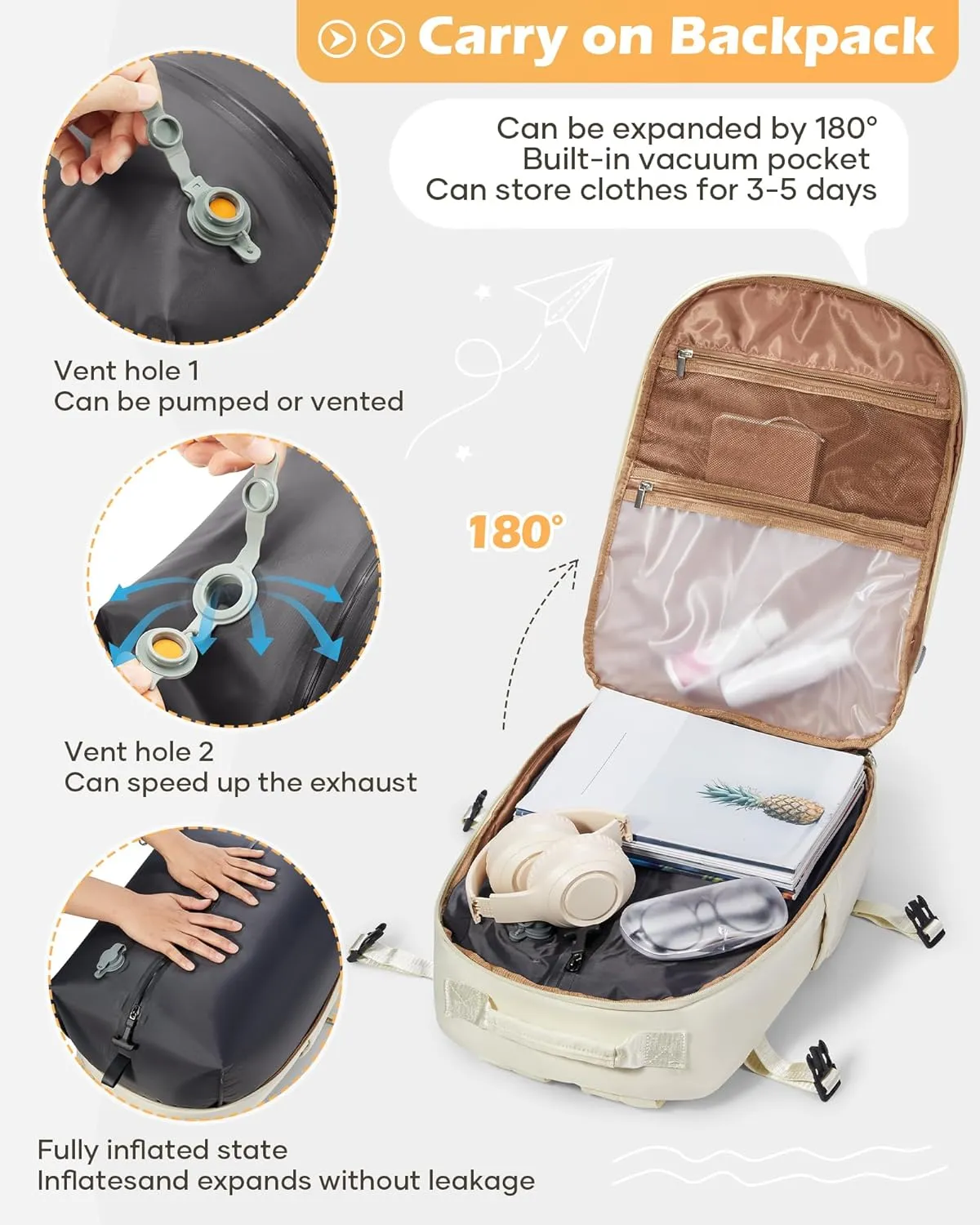 Vacuum Backpack With Pump,Travel Laptop Backpacks For Women Men,Airback Backpacks With Vacuum Compression Bags Seal Packing,Carry On Backpack, Personal Item Travel Bag Beige