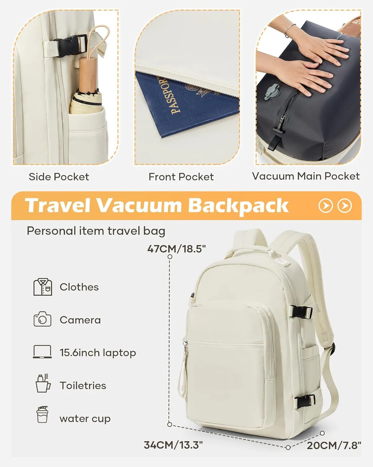 Vacuum Backpack With Pump,Travel Laptop Backpacks For Women Men,Airback Backpacks With Vacuum Compression Bags Seal Packing,Carry On Backpack, Personal Item Travel Bag Beige