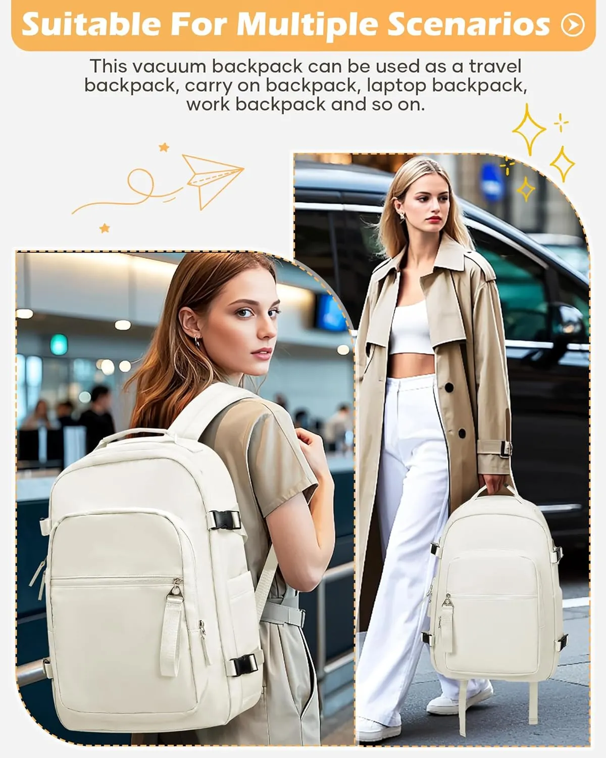 Vacuum Backpack With Pump,Travel Laptop Backpacks For Women Men,Airback Backpacks With Vacuum Compression Bags Seal Packing,Carry On Backpack, Personal Item Travel Bag Beige