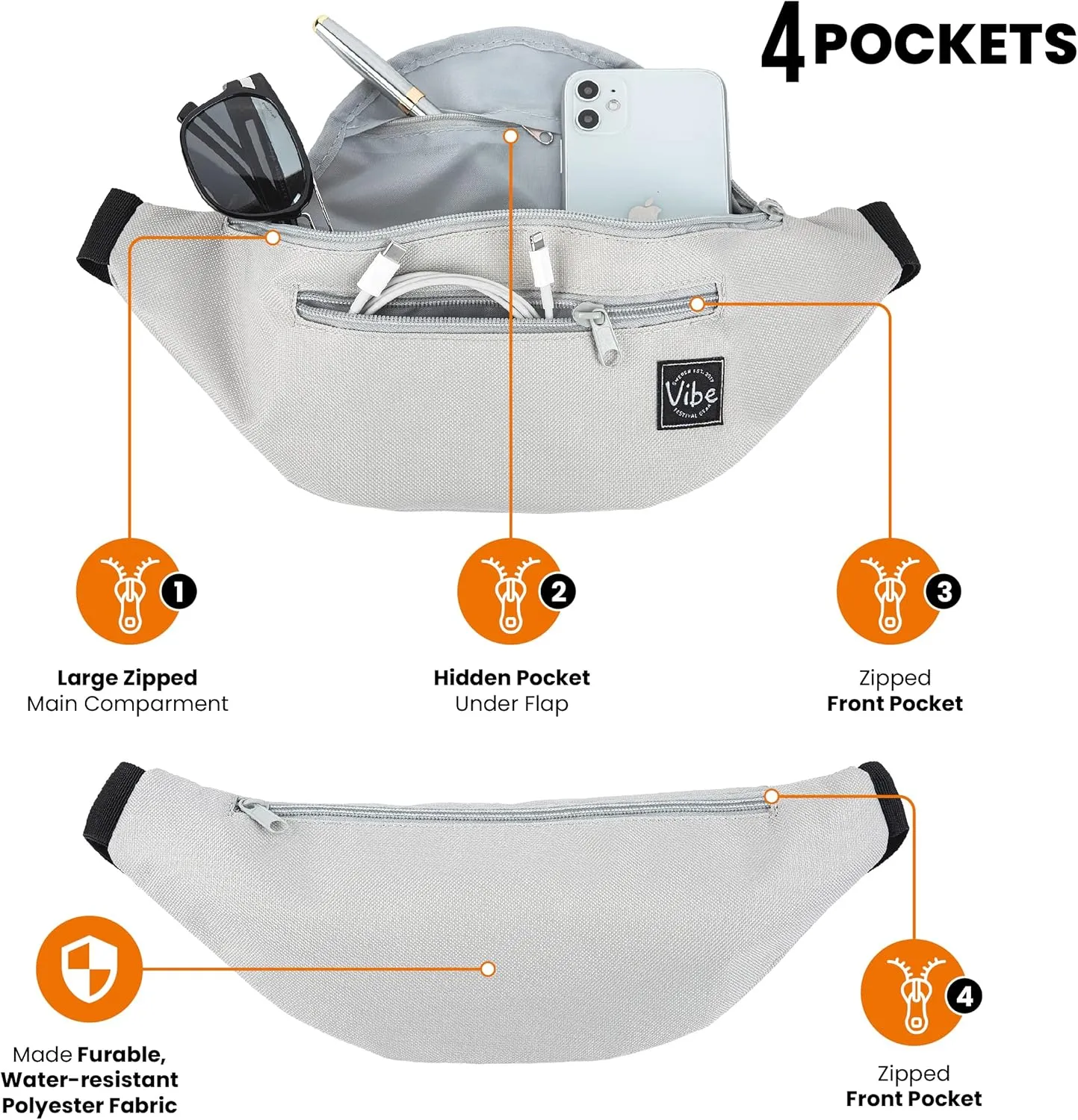 Vibe Festival Gear Fanny Pack for Men Women - Many Prints - Black Holographic Silver Gold Cute Waist Bag for Festival Rave Hiking Running Cycling