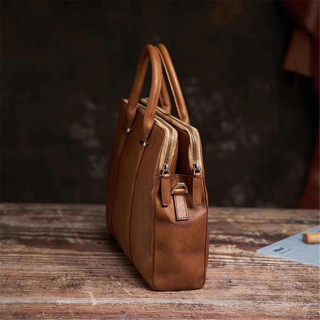 Vintage Briefcase Men Shoulder Handmade Genuine Leather Bag Brown Laptop Business Bags Handbags Casual