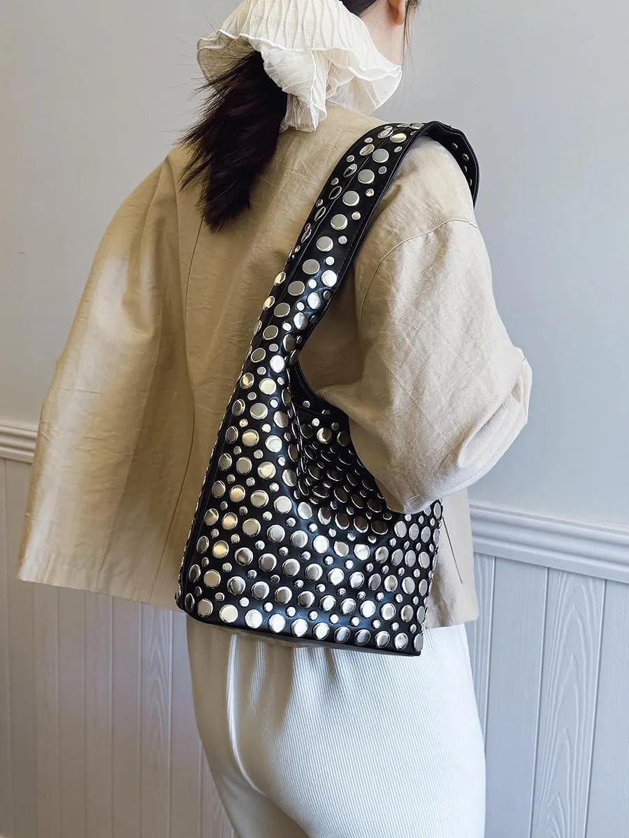 Vintage Leather Studded Purse Women Y2k Shoulder Bag 90s Punk Designer Handbags Bucket Bag 2000s Streetwear