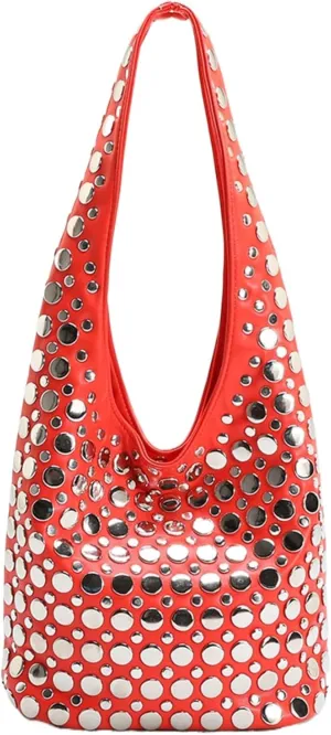 Vintage Leather Studded Purse Women Y2k Shoulder Bag 90s Punk Designer Handbags Bucket Bag 2000s Streetwear