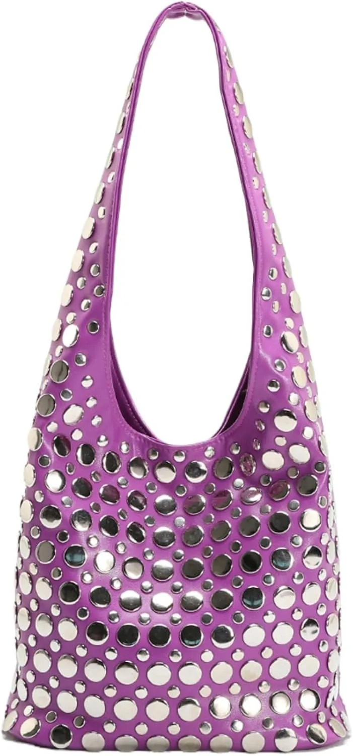 Vintage Leather Studded Purse Women Y2k Shoulder Bag 90s Punk Designer Handbags Bucket Bag 2000s Streetwear