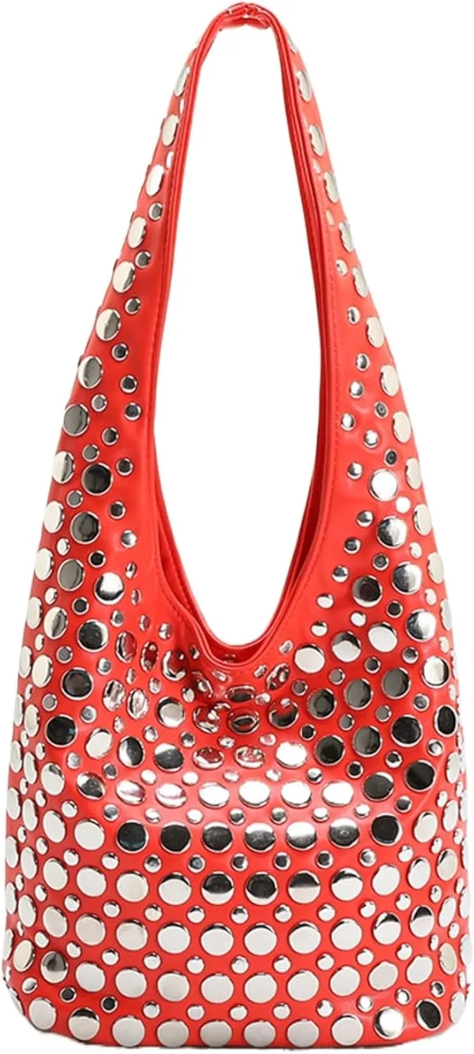 Vintage Leather Studded Purse Women Y2k Shoulder Bag 90s Punk Designer Handbags Bucket Bag 2000s Streetwear
