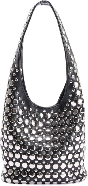 Vintage Leather Studded Purse Women Y2k Shoulder Bag 90s Punk Designer Handbags Bucket Bag 2000s Streetwear