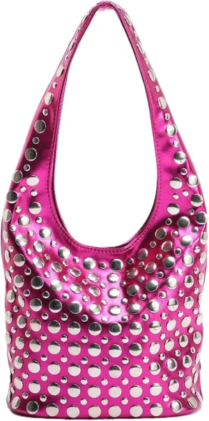 Vintage Leather Studded Purse Women Y2k Shoulder Bag 90s Punk Designer Handbags Bucket Bag 2000s Streetwear