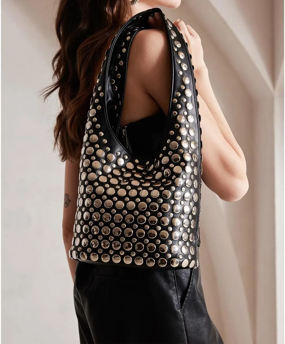 Vintage Leather Studded Purse Women Y2k Shoulder Bag 90s Punk Designer Handbags Bucket Bag 2000s Streetwear