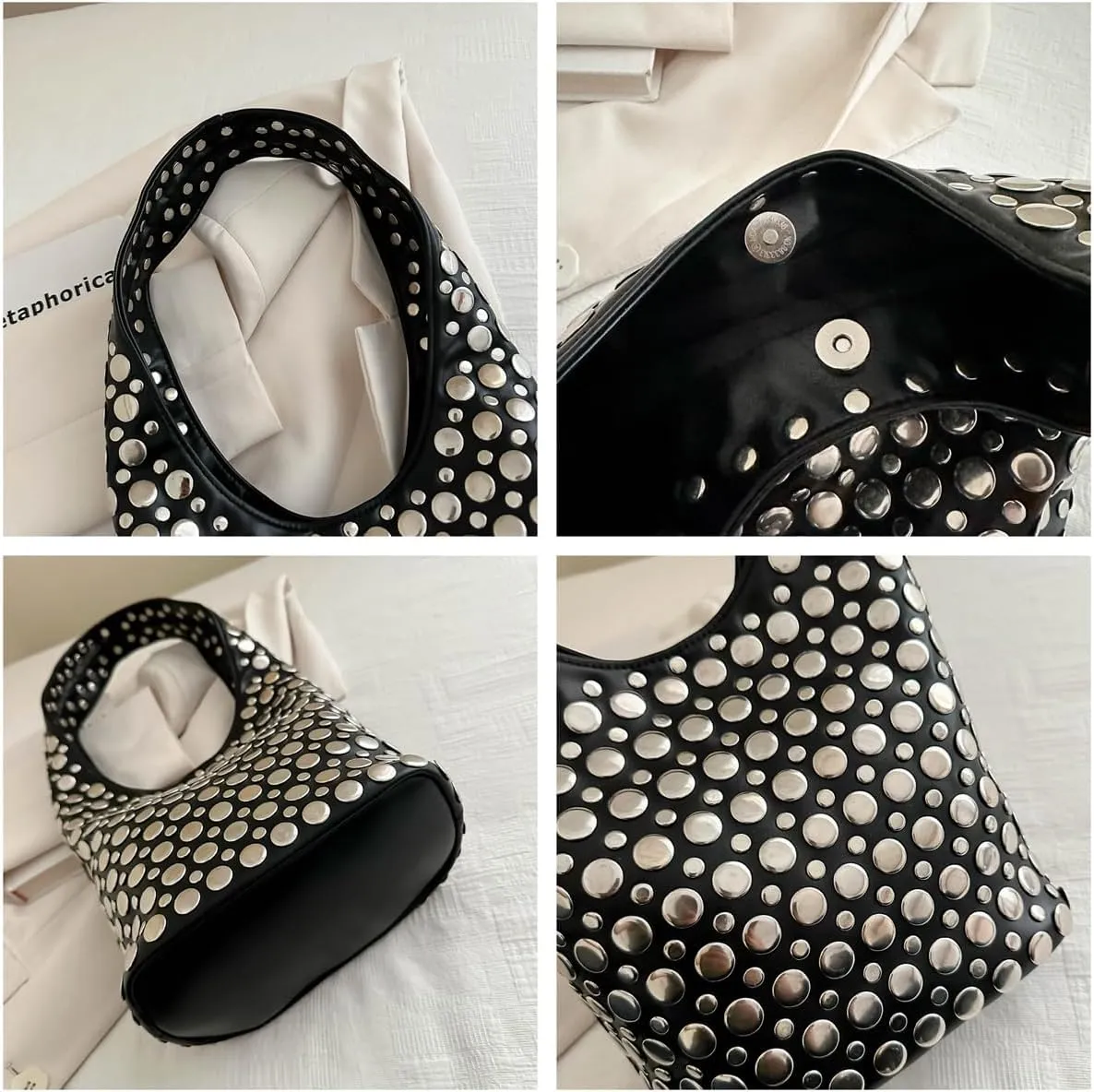 Vintage Leather Studded Purse Women Y2k Shoulder Bag 90s Punk Designer Handbags Bucket Bag 2000s Streetwear