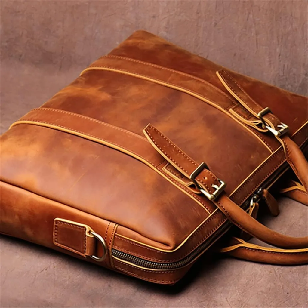 Vintage Man Handbag Briefcase Men Shoulder Genuine Leather Bags Brown Business 14 Inch Laptop Bag