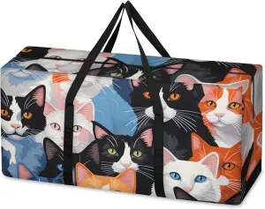 Watercolor Cat Extra Large Moving Bags Heavy Duty Storage Bags Abstract Cat Cloth Wrap Around Handles Double Zipper Reusable Convenient Foldable Storage Tote for Travel Camping Space Save