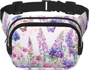Watercolor Purple Pink Flower Butterfly Fanny Pack for Women Men Fashion Waist Packs with Adjustable Strap Crossbody Belt Waist Bag for Hiking Running Travel