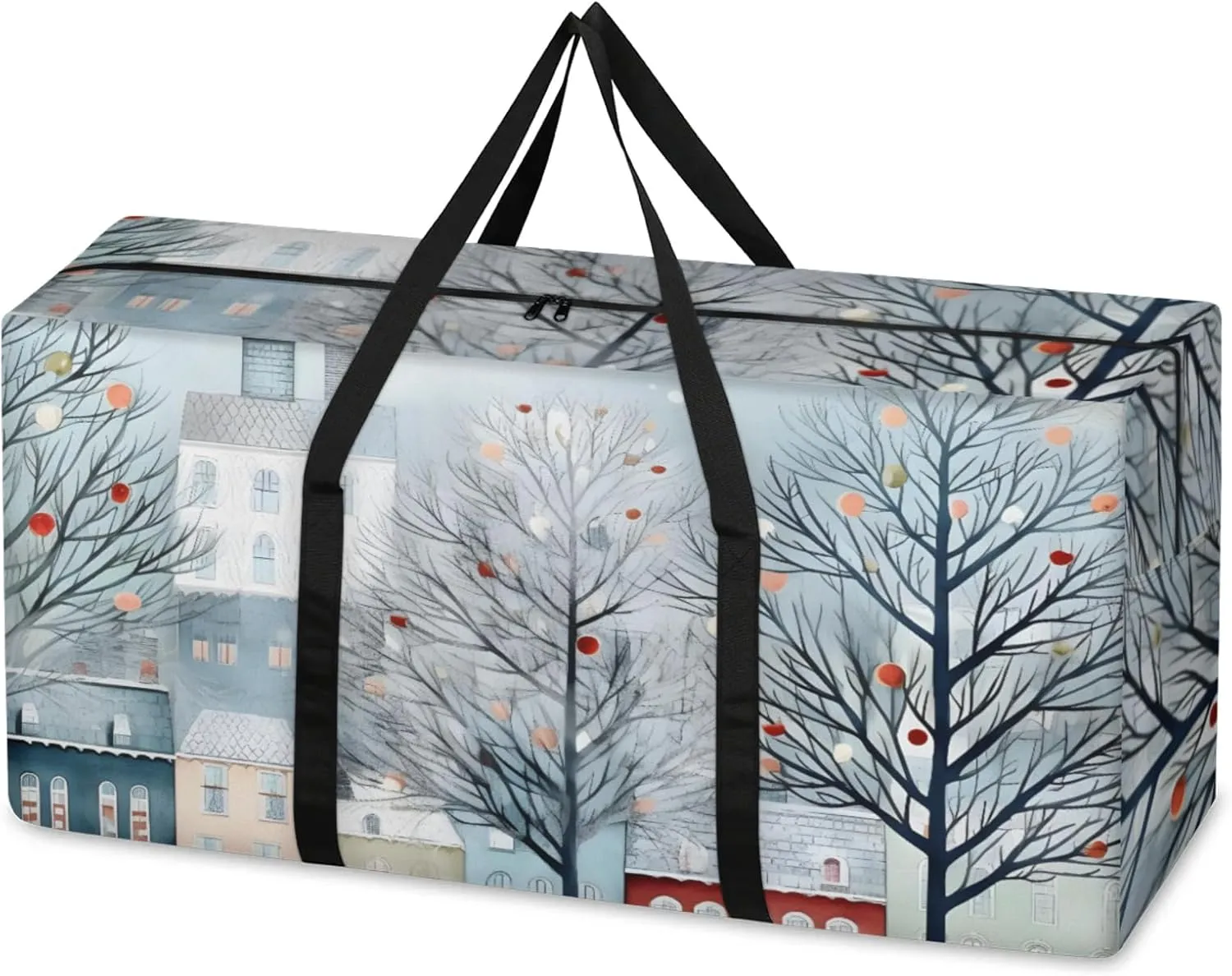 Watercolor Village Extra Large Moving Bags Heavy Duty Storage Bags Dreamy Village Cloth Wrap Around Handles Double Zipper Reusable Convenient Foldable Storage Tote for Travel Camping Space Save