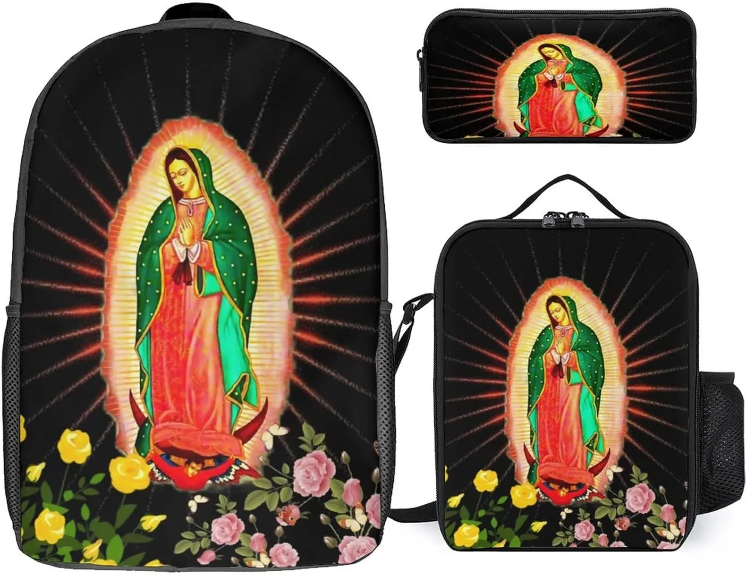 Waygotee Our Lady of Guadalupe Virgin Mary Bookbag Backpack Laptop Travel Bag Unisex for Adult Gifts 17 Inches 3 piece set