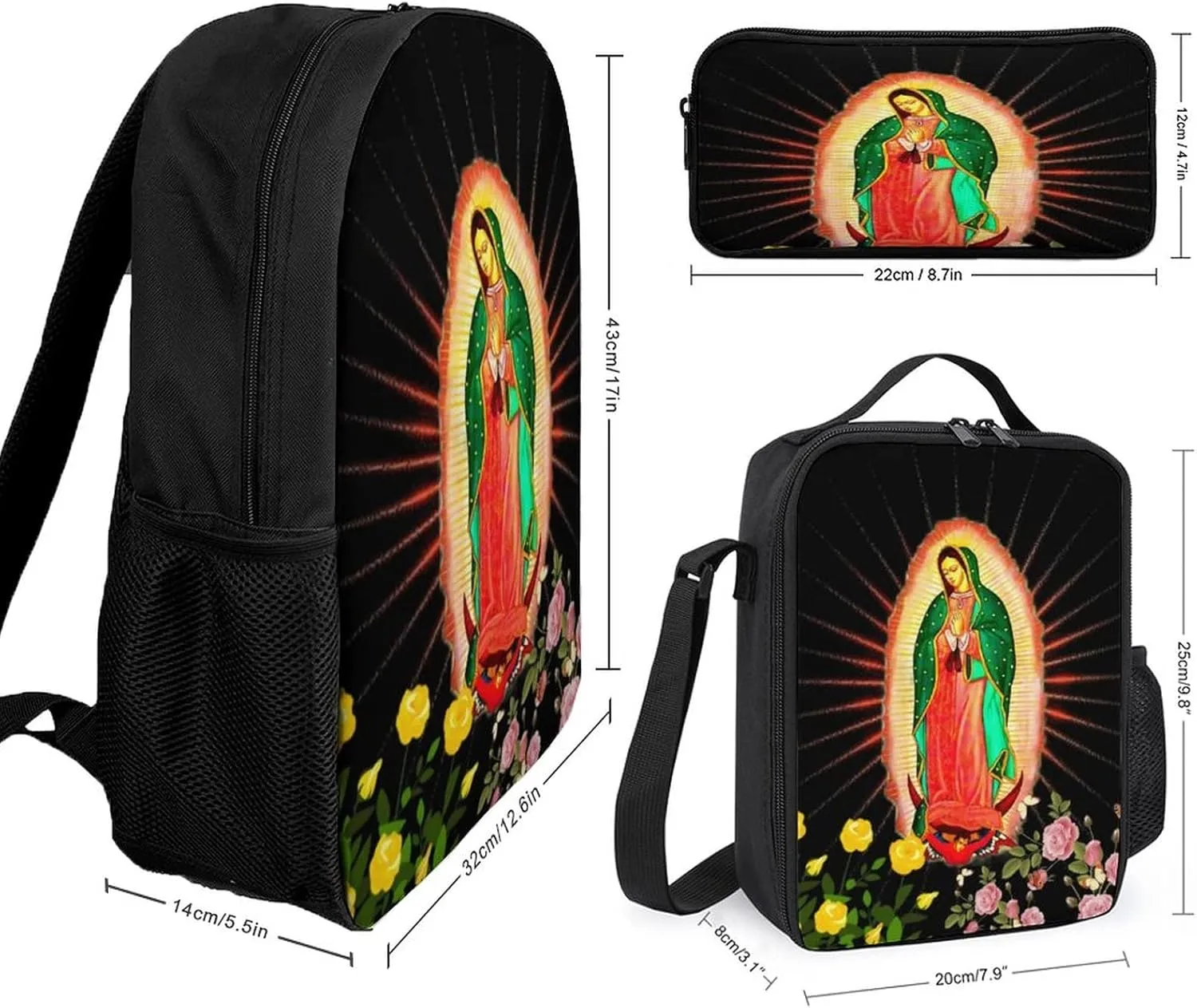 Waygotee Our Lady of Guadalupe Virgin Mary Bookbag Backpack Laptop Travel Bag Unisex for Adult Gifts 17 Inches 3 piece set