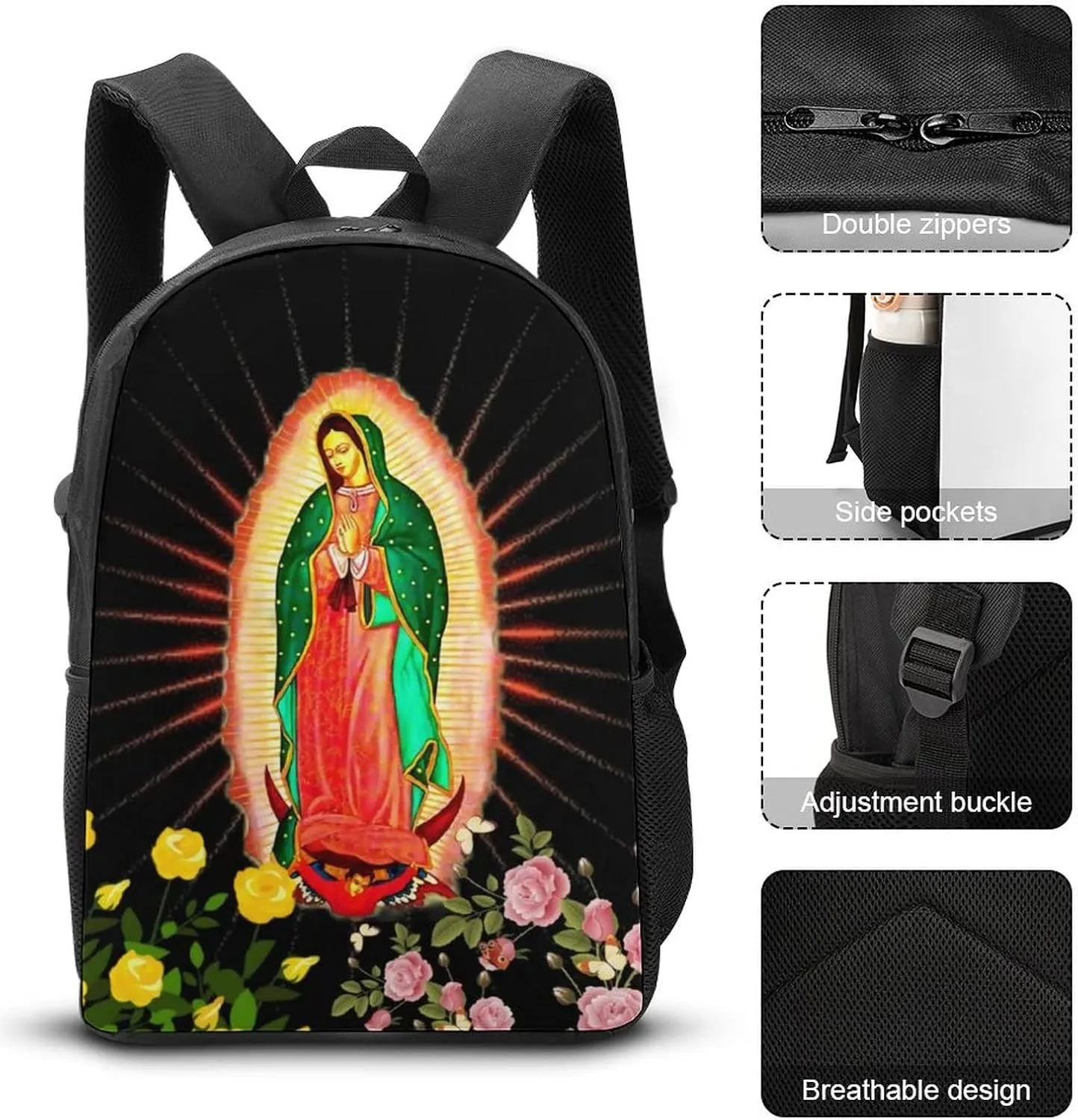 Waygotee Our Lady of Guadalupe Virgin Mary Bookbag Backpack Laptop Travel Bag Unisex for Adult Gifts 17 Inches 3 piece set