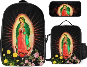 Waygotee Our Lady of Guadalupe Virgin Mary Bookbag Backpack Laptop Travel Bag Unisex for Adult Gifts 17 Inches 3 piece set