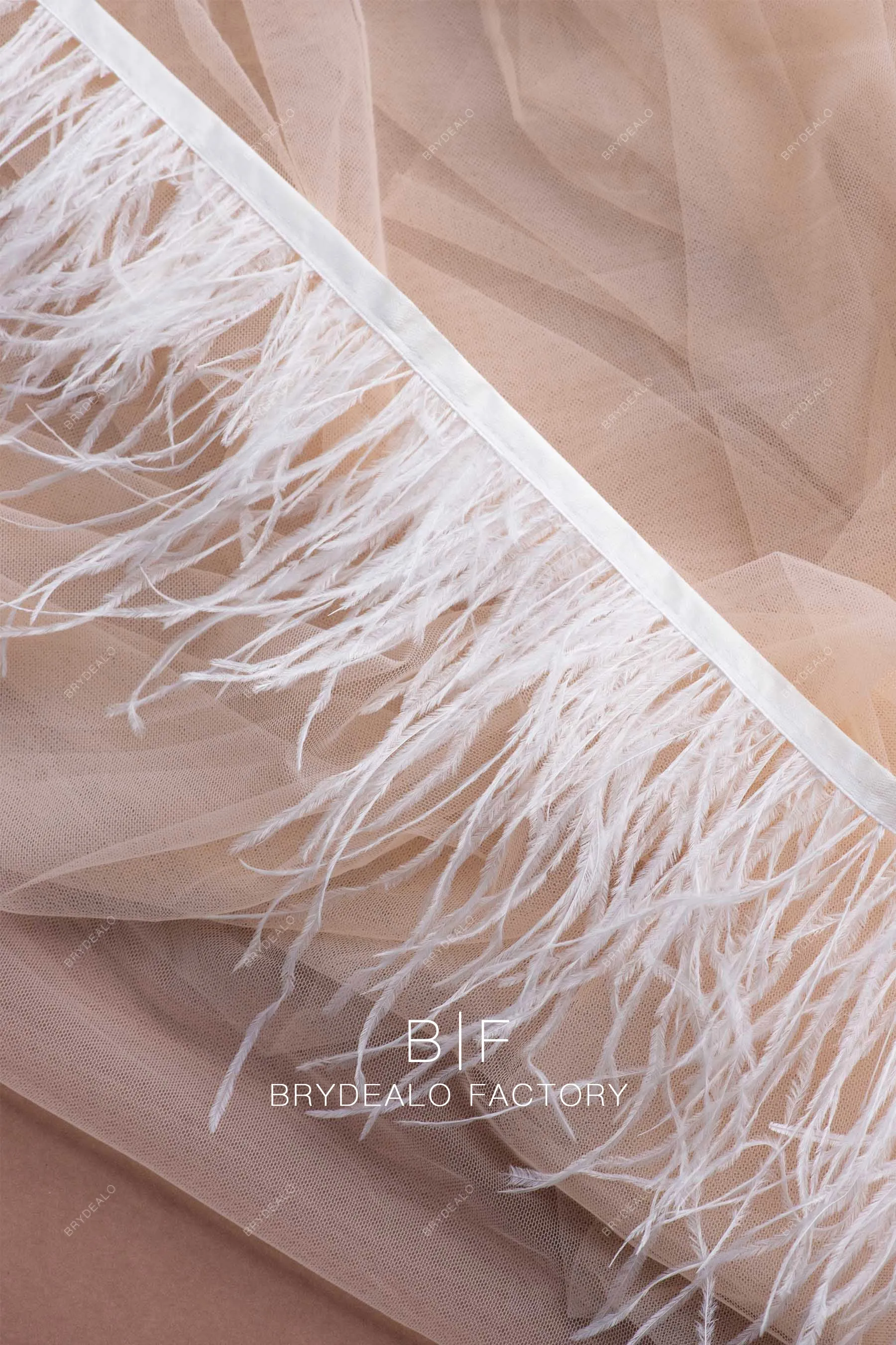White Ethereal Ostrich Feather Trim Fabric | 35 Colors