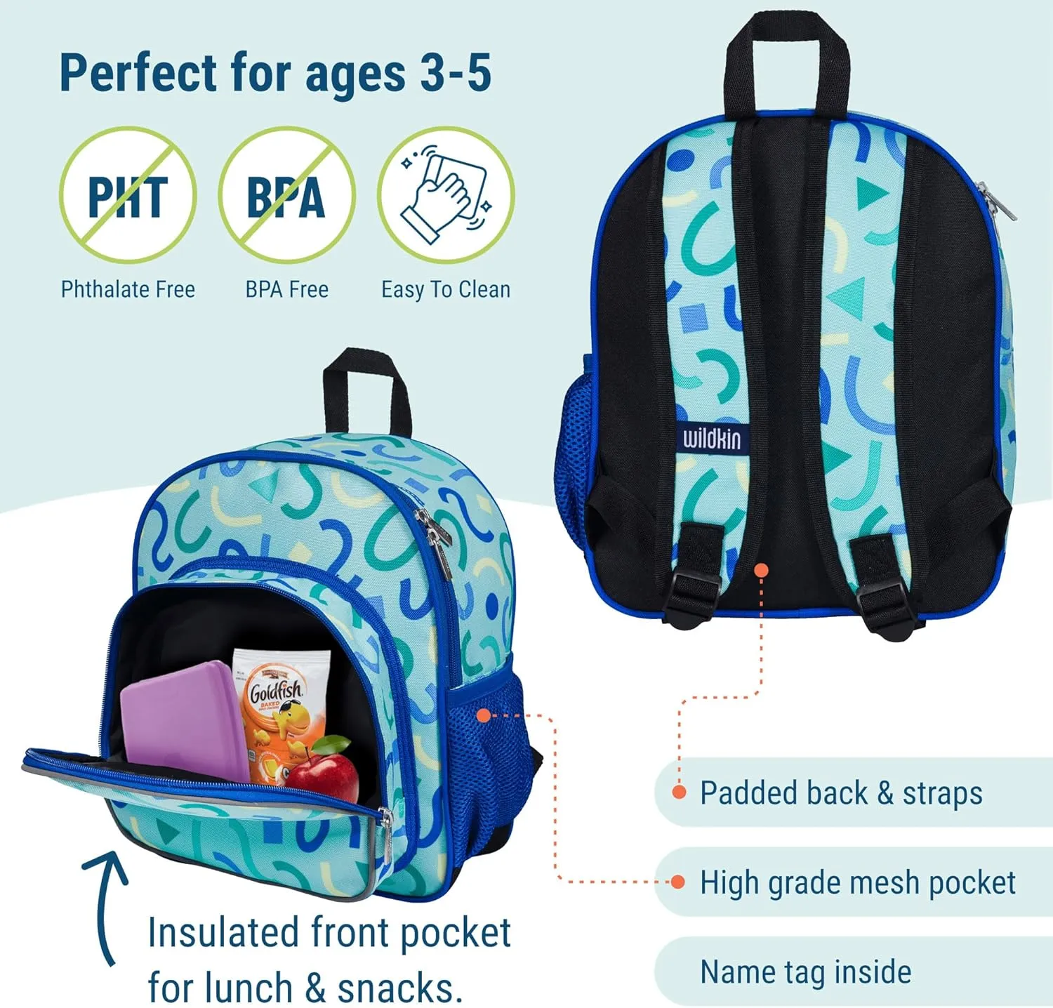 Wildkin 12-inch Kids Backpack  Padded, Adjustable, Ideal for Daycare & Travel (Confetti Blue)