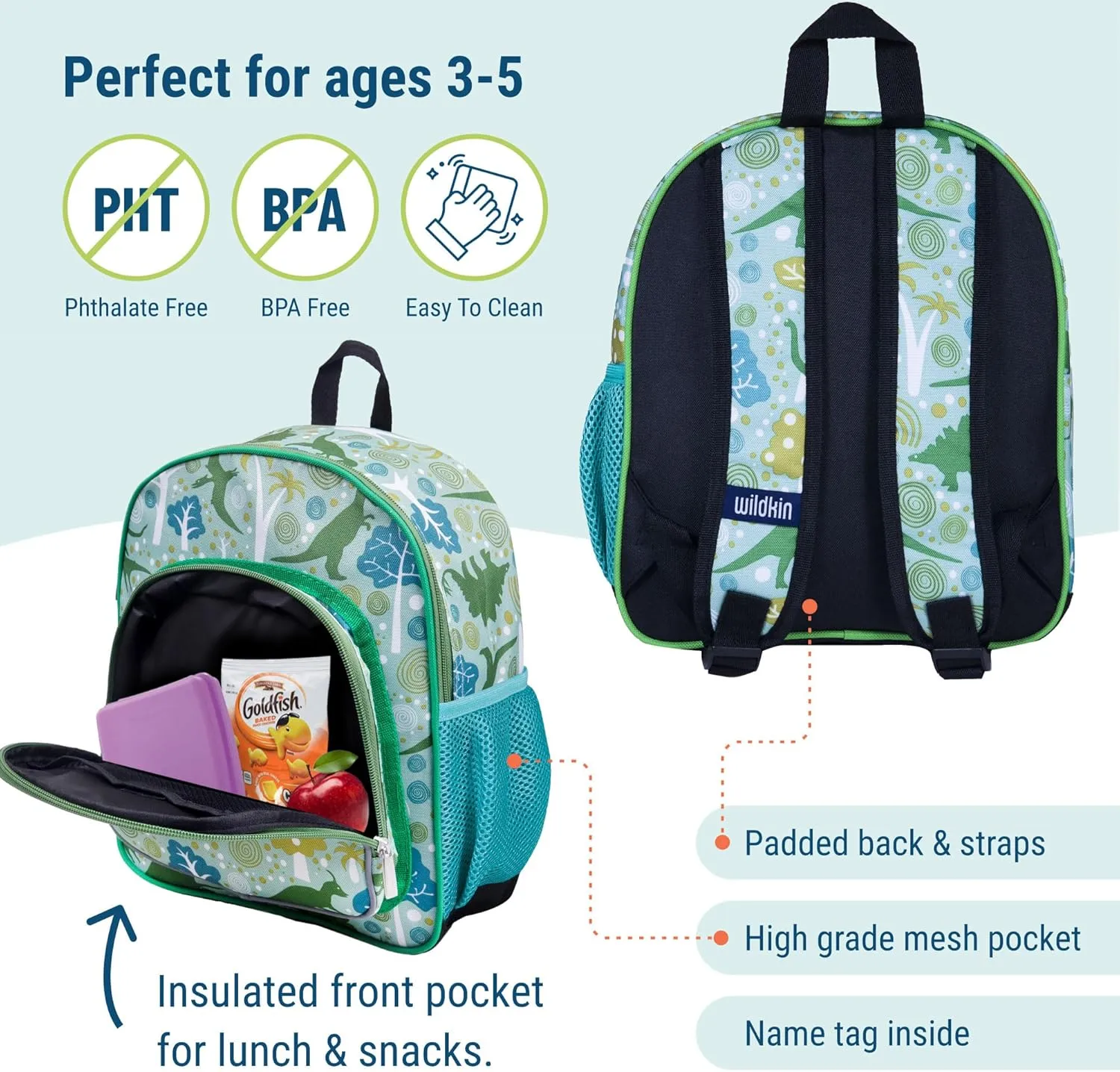 Wildkin 12-inch Kids Backpack  Padded, Adjustable, Ideal for Daycare & Travel - Dinomite Dinosaurs