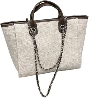 Women's Canvas Totes Chain Handbag Shoulder Crossbody Bucket Bag Beach Vacation Large Capacity Versatile Hobo Top Handle