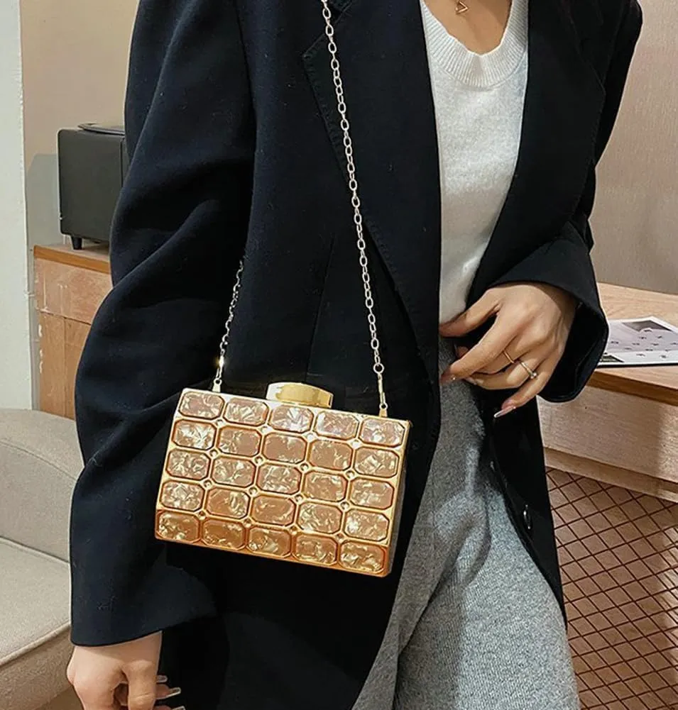 Womens Chic Evening Clutch Bag Acrylic Shoulder Purse Mini Totes Handbag Satchel with Chain Dinner Party Wedding