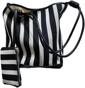 Women's Handbag Striped Totes Summer Canvas Cowhide Fashion Large Capacity Shoulder Bucket Bag Vacation Casual