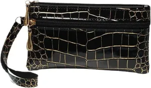 Women's Leather Wristlet Wallet Evening Bag, Crocodile Print Clutch, Small Purse