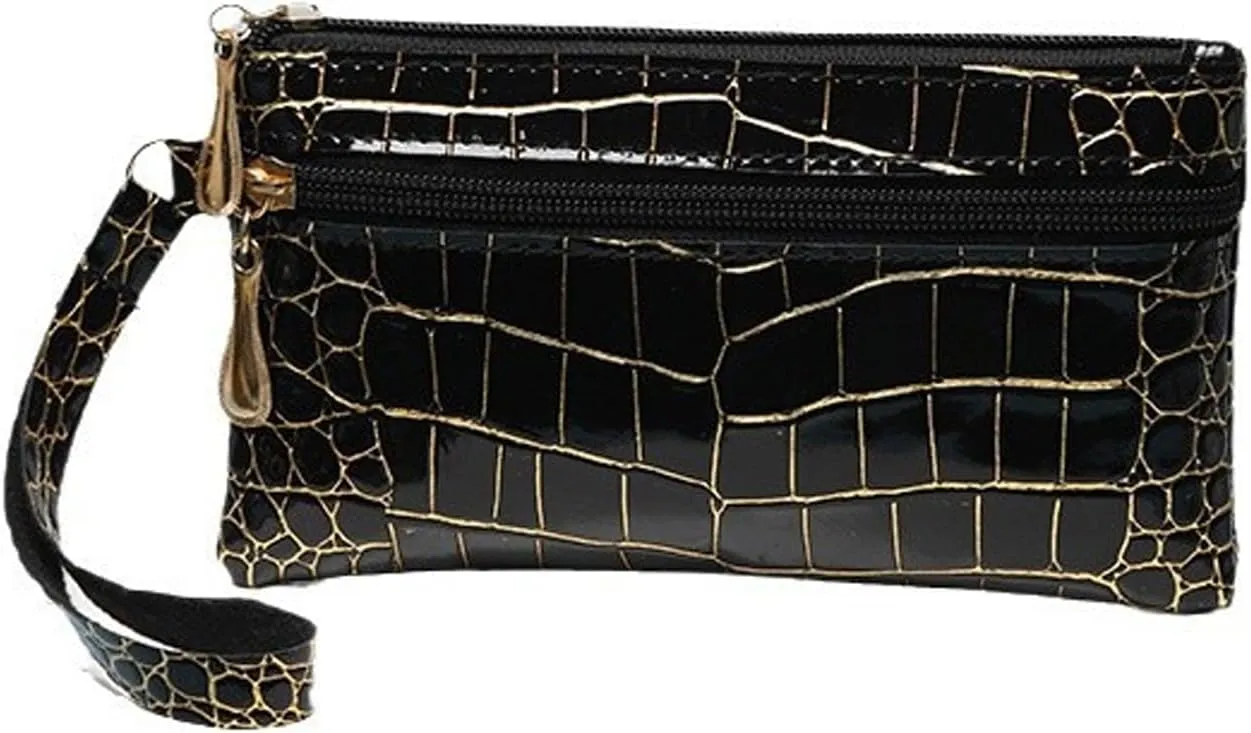 Women's Leather Wristlet Wallet Evening Bag, Crocodile Print Clutch, Small Purse