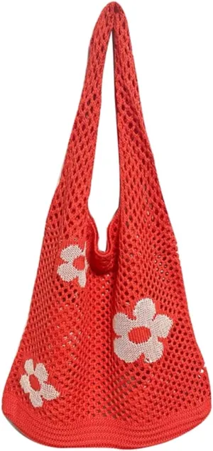Women's New Japanese And Korean Tote Bags Flower Bag Knitted Mesh Hollow Shoulder Bag Mens Shoulder Bags (Red, One Size)