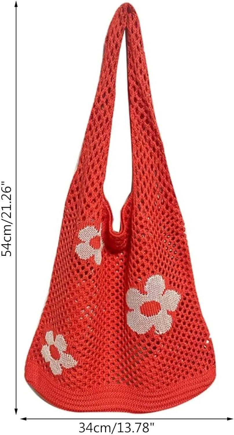 Women's New Japanese And Korean Tote Bags Flower Bag Knitted Mesh Hollow Shoulder Bag Mens Shoulder Bags (Red, One Size)