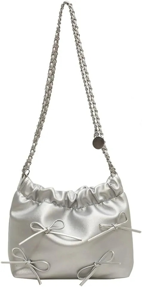 Women's Soft PU Leather Shoulder Bag Y2K Bow Bucket Totes Handbag Fashion Purse Satchel with Chain