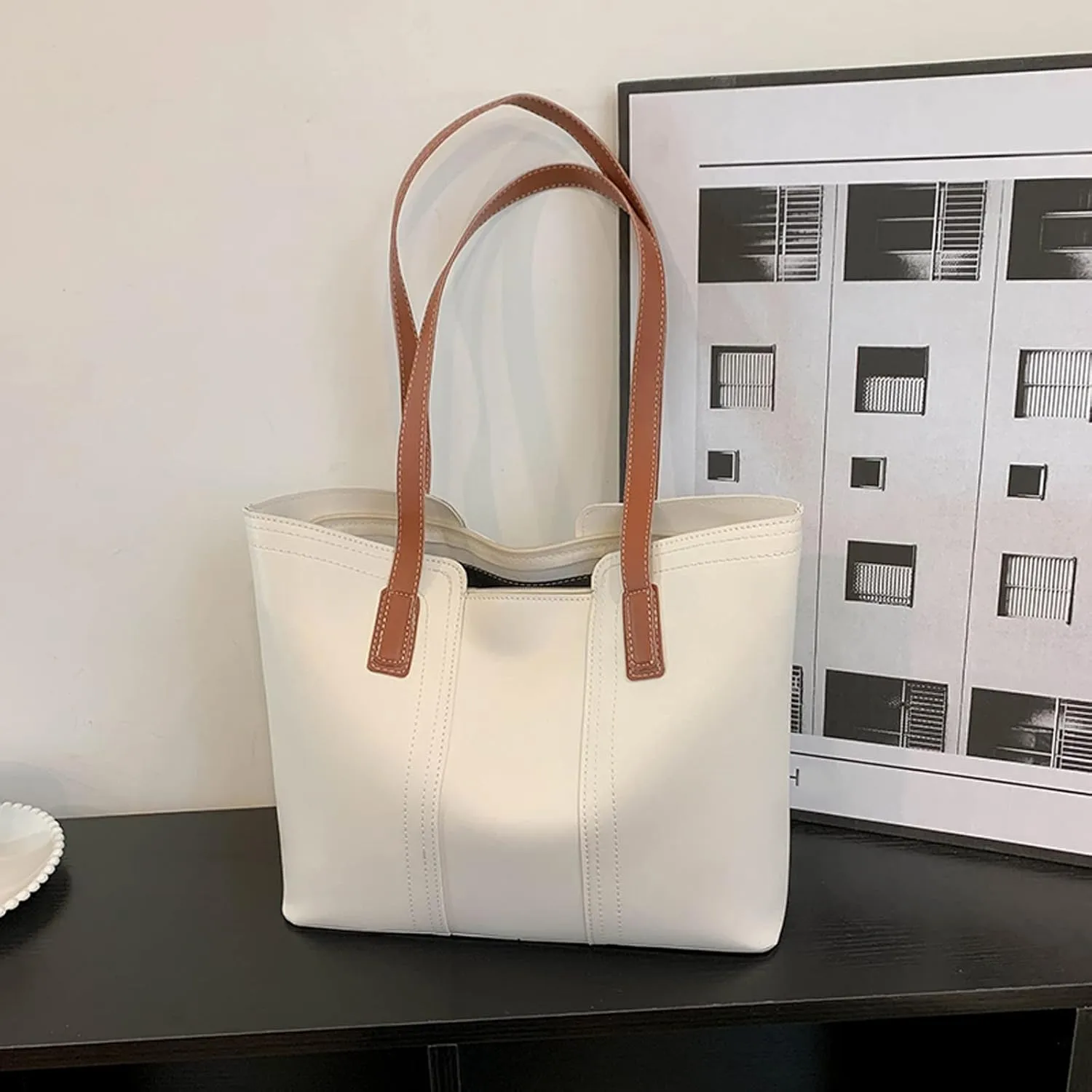 Women's Trendy Tote Bags Roomy Multiple Pockets Bag Ladies Crossbody Purse Trendy Waterproof Cross Body Bag(White)