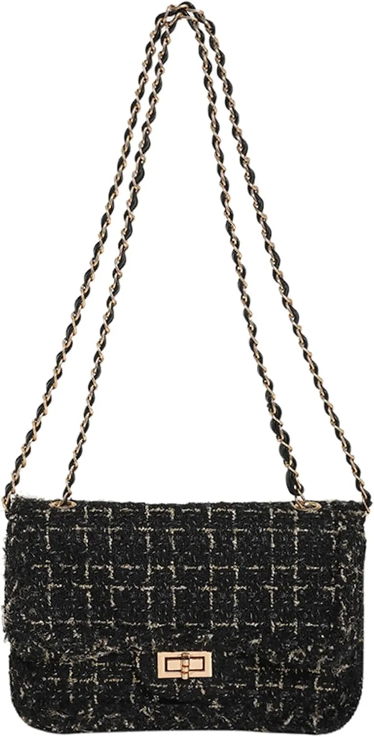 Women's Tweed Purses and Handbag PU Leather Woolen Chain Satchel Shoulder Bags Totes Crossbody Underarm Bag Clutch