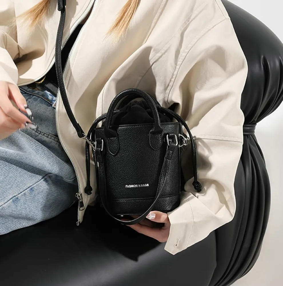 Women's Vegan Leather Handbag Crossbody Shouler Bag Bucket Totes Small Purse Y2k Satchel with Drawstring
