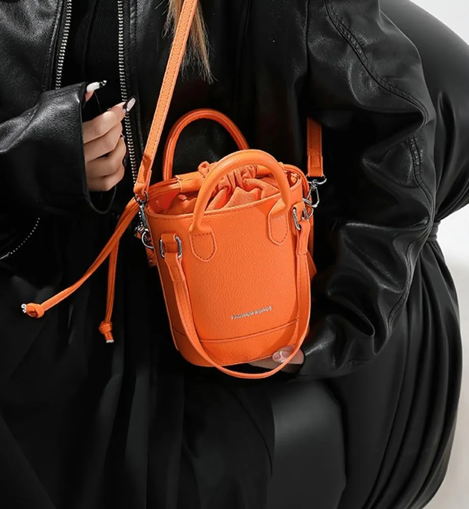Women's Vegan Leather Handbag Crossbody Shouler Bag Bucket Totes Small Purse Y2k Satchel with Drawstring